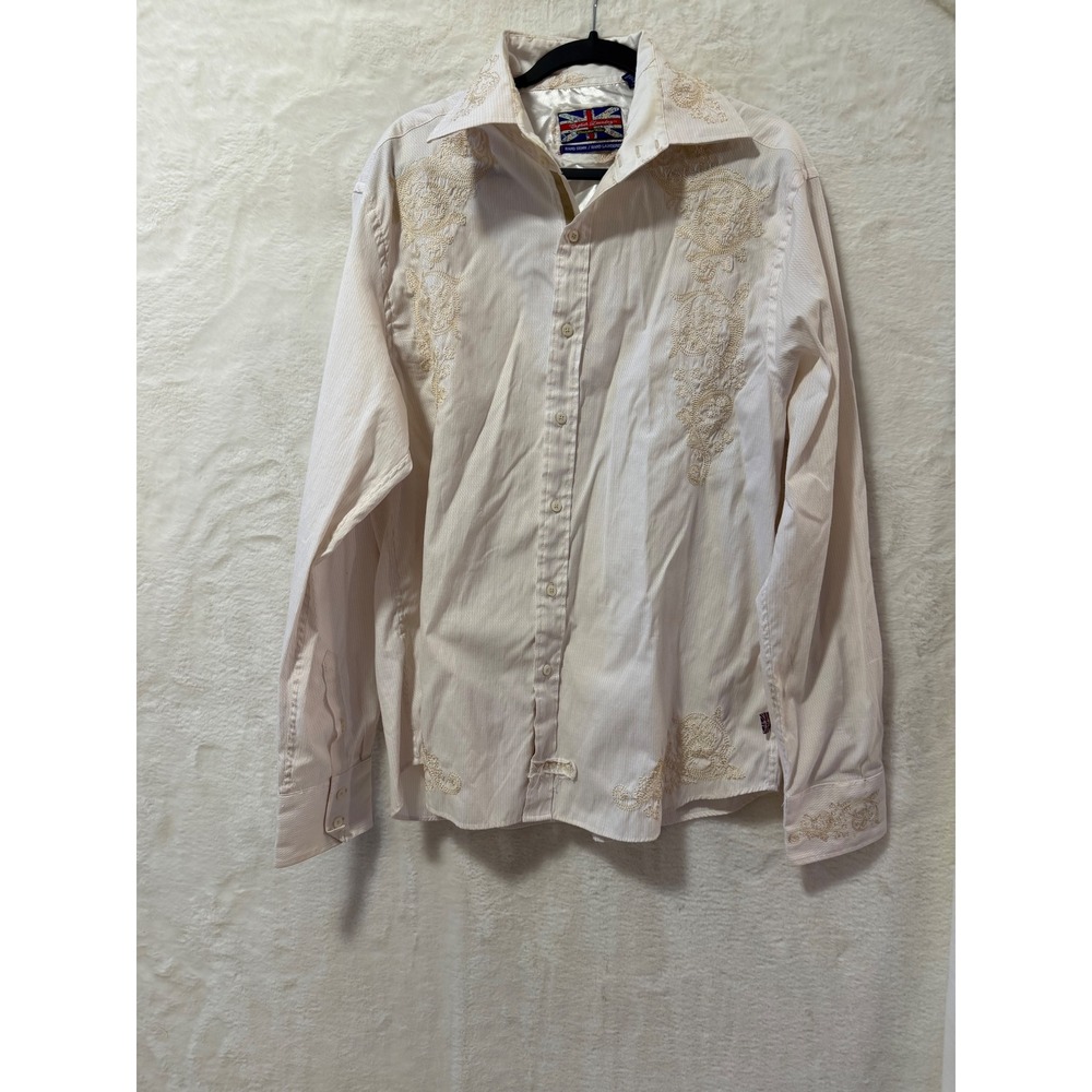 English Laundry Mens XL Embroidered Long Sleeve Button Down Shirt Cream White